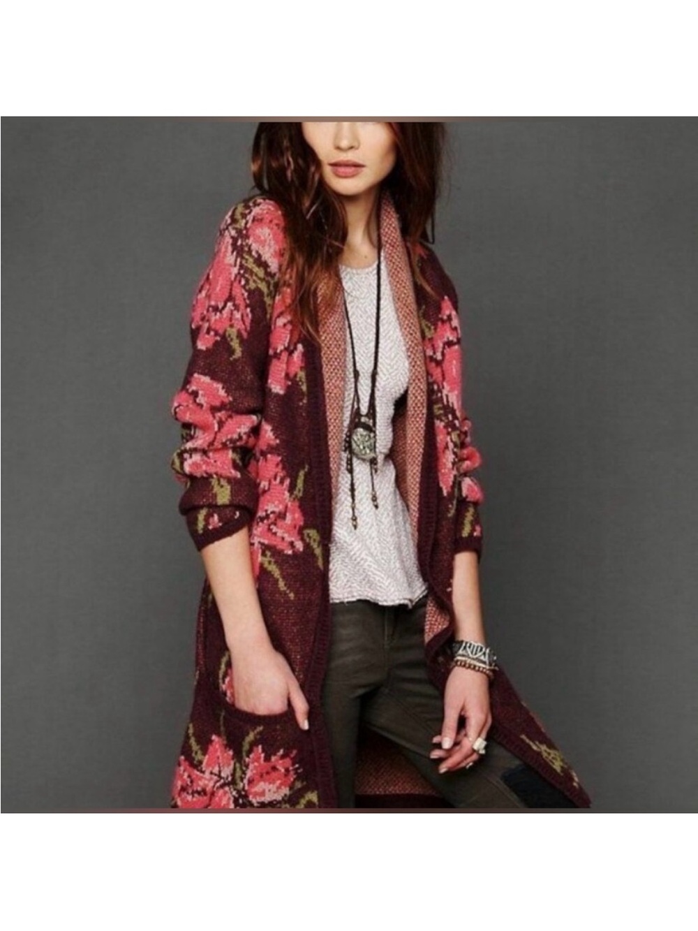 Free People Floral Open-Front Cardigan alpaca sweater in Burgundy and Pink